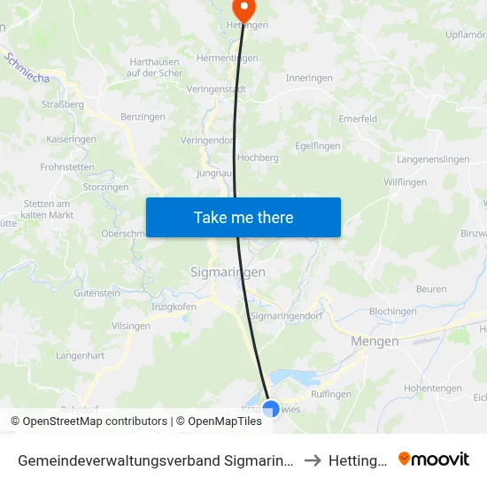 Gemeindeverwaltungsverband Sigmaringen to Hettingen map