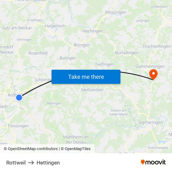 Rottweil to Hettingen map