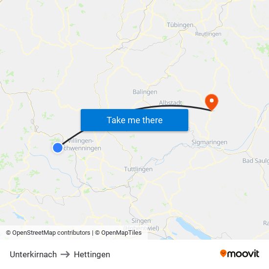 Unterkirnach to Hettingen map