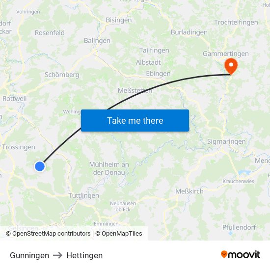 Gunningen to Hettingen map