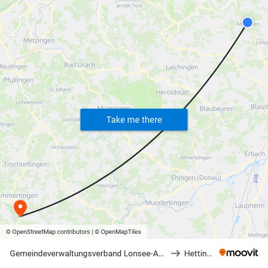 Gemeindeverwaltungsverband Lonsee-Amstetten to Hettingen map