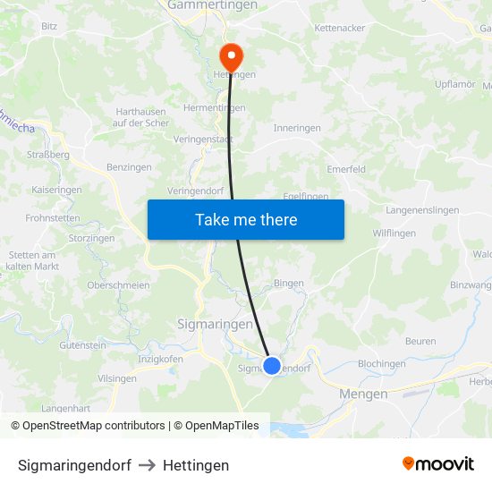 Sigmaringendorf to Hettingen map