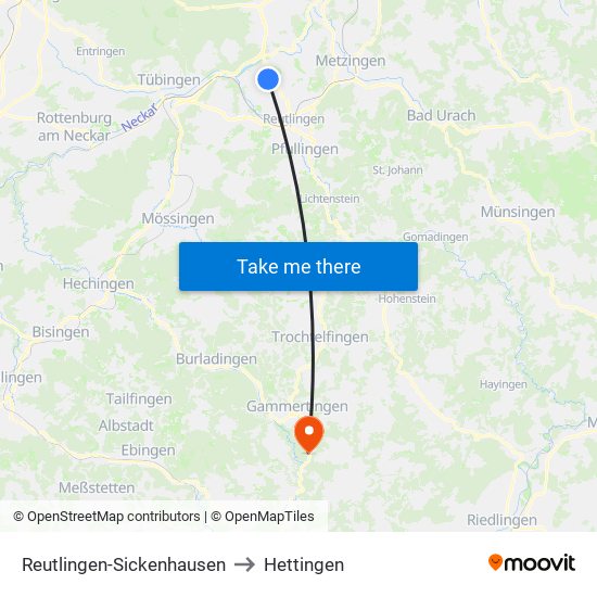 Reutlingen-Sickenhausen to Hettingen map