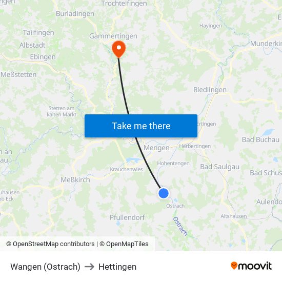 Wangen (Ostrach) to Hettingen map