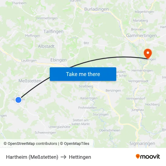 Hartheim (Meßstetten) to Hettingen map