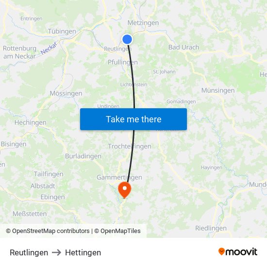 Reutlingen to Hettingen map