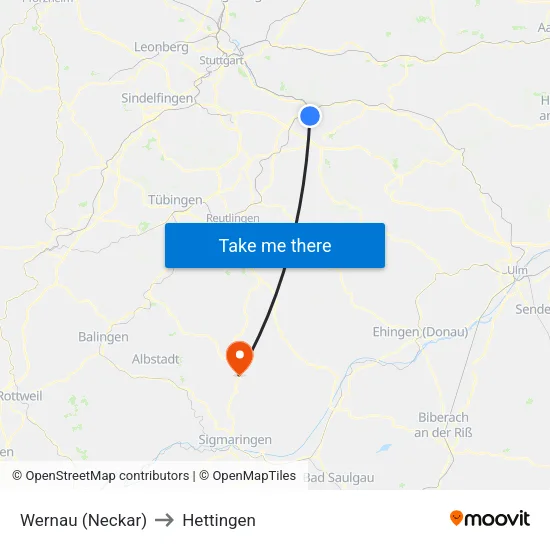 Wernau (Neckar) to Hettingen map