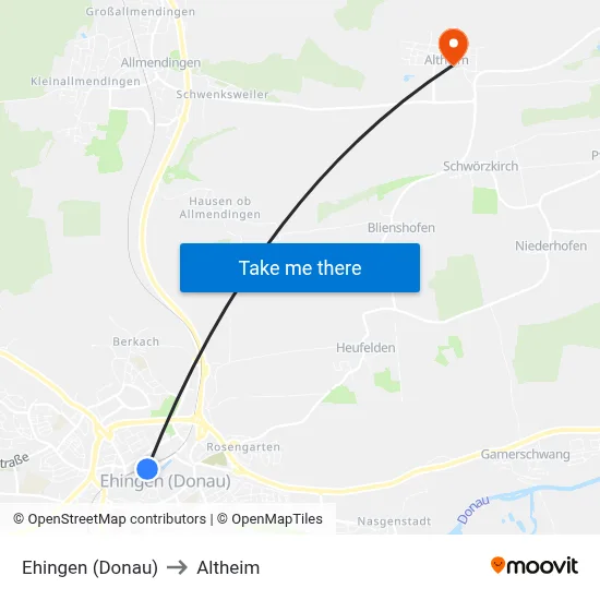 Ehingen (Donau) to Altheim map