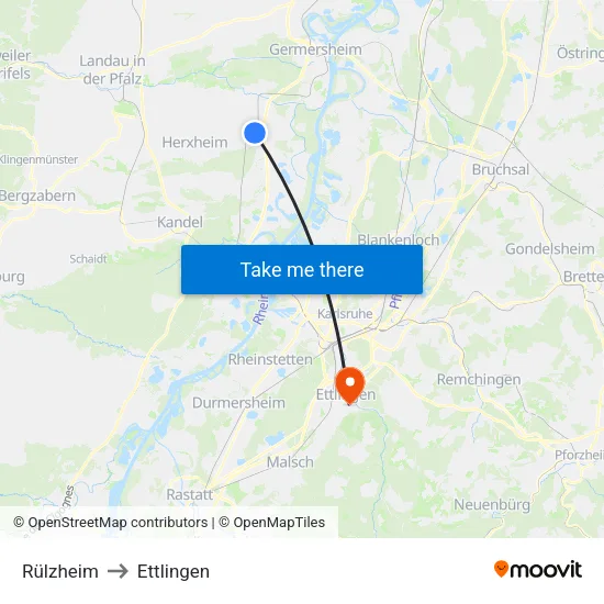 Rülzheim to Ettlingen map