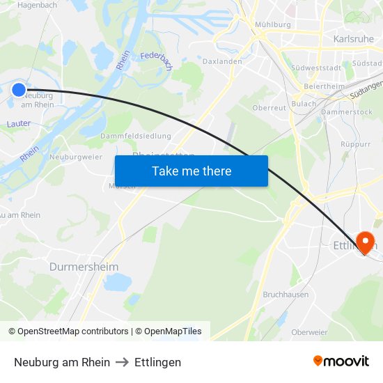 Neuburg am Rhein to Ettlingen map