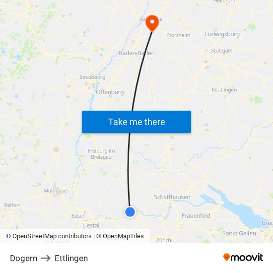 Dogern to Ettlingen map