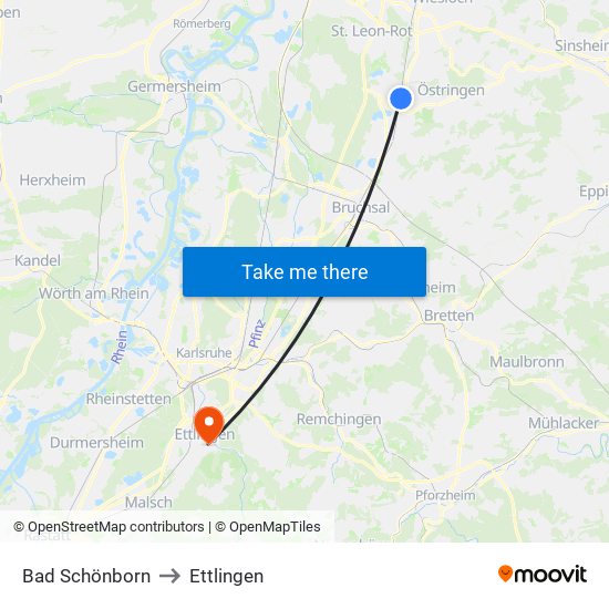 Bad Schönborn to Ettlingen map