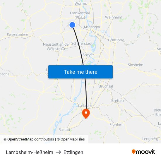 Lambsheim-Heßheim to Ettlingen map