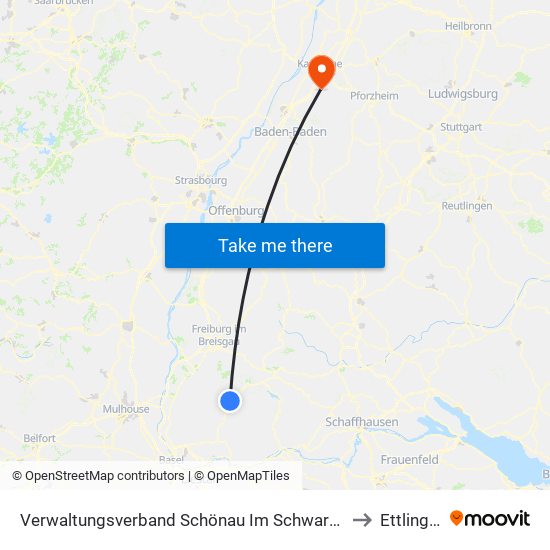 Verwaltungsverband Schönau Im Schwarzwald to Ettlingen map