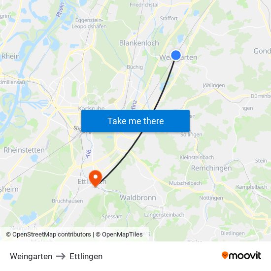Weingarten to Ettlingen map