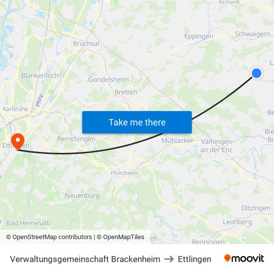Verwaltungsgemeinschaft Brackenheim to Ettlingen map
