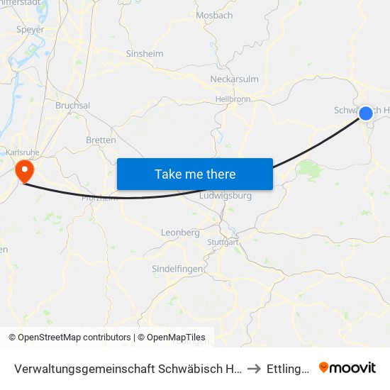 Verwaltungsgemeinschaft Schwäbisch Hall to Ettlingen map