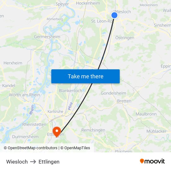 Wiesloch to Ettlingen map