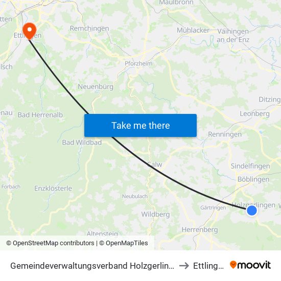 Gemeindeverwaltungsverband Holzgerlingen to Ettlingen map
