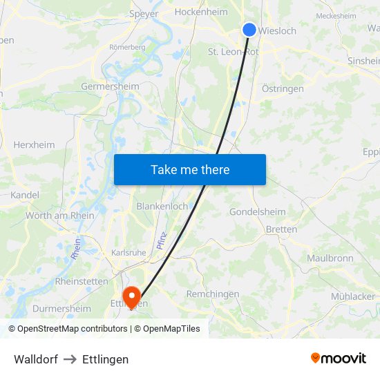 Walldorf to Ettlingen map
