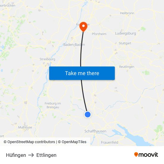 Hüfingen to Ettlingen map