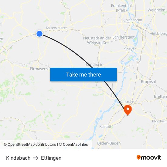 Kindsbach to Ettlingen map