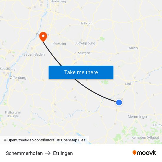 Schemmerhofen to Ettlingen map