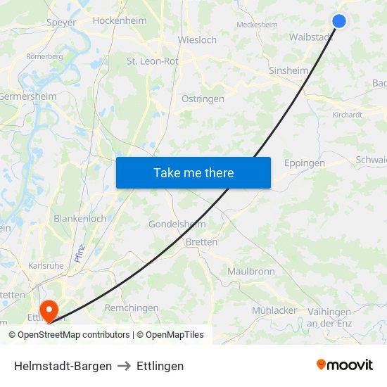 Helmstadt-Bargen to Ettlingen map