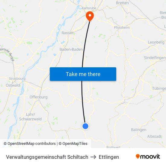Verwaltungsgemeinschaft Schiltach to Ettlingen map