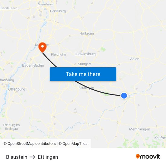 Blaustein to Ettlingen map