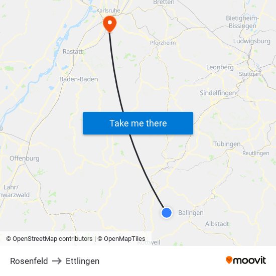 Rosenfeld to Ettlingen map