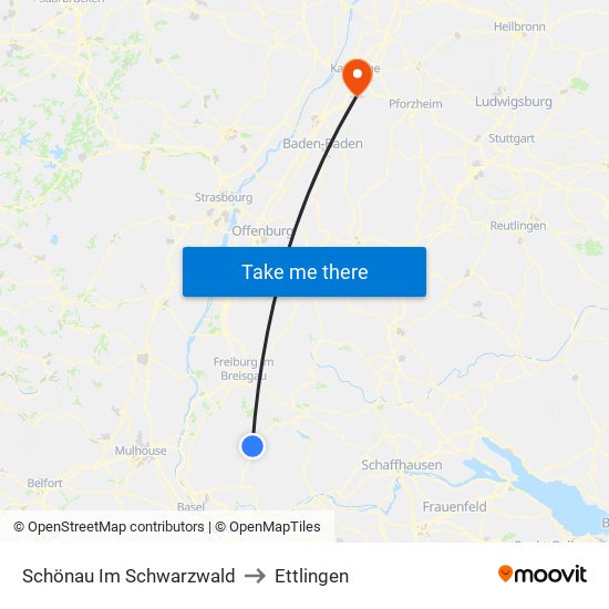 Schönau Im Schwarzwald to Ettlingen map