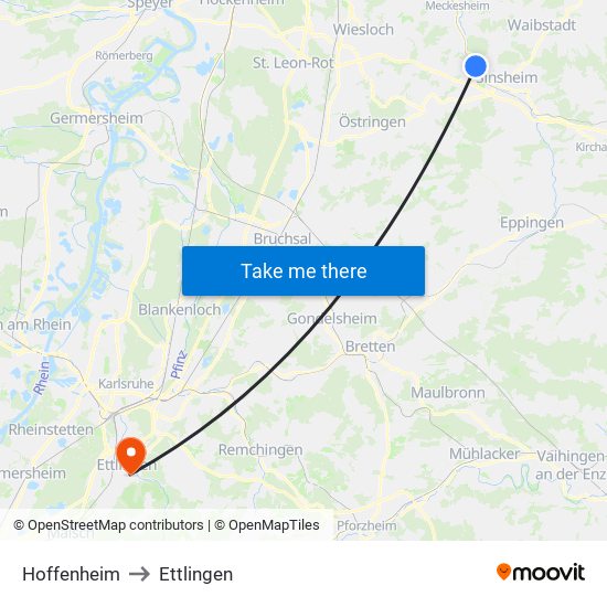 Hoffenheim to Ettlingen map