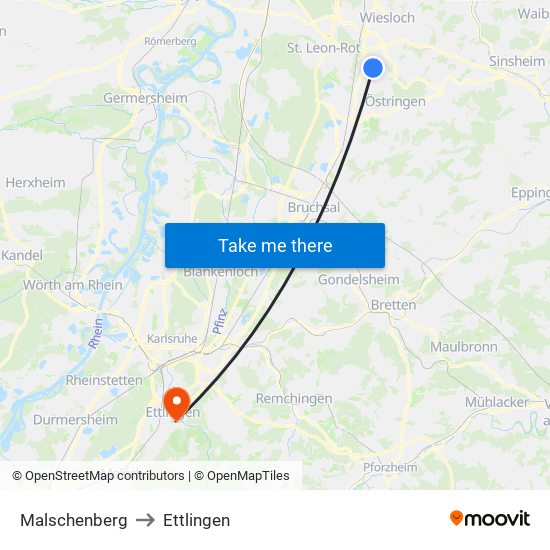 Malschenberg to Ettlingen map