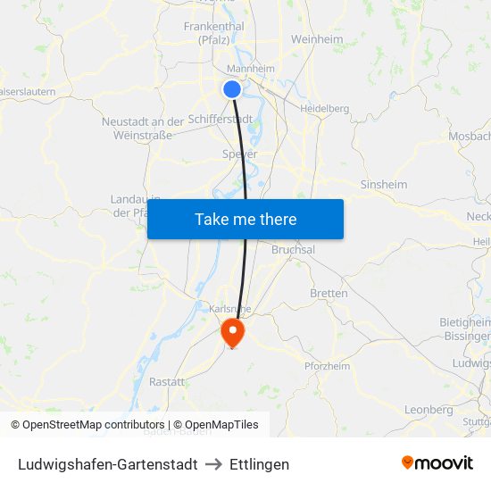 Ludwigshafen-Gartenstadt to Ettlingen map