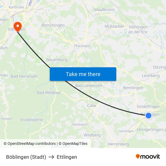 Böblingen (Stadt) to Ettlingen map