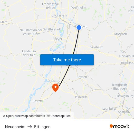 Neuenheim to Ettlingen map