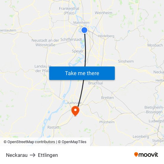 Neckarau to Ettlingen map