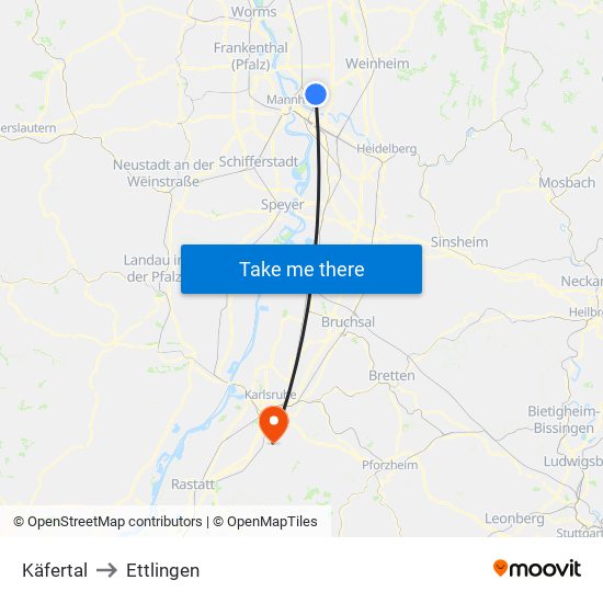 Käfertal to Ettlingen map