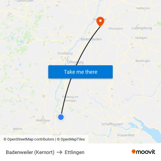 Badenweiler (Kernort) to Ettlingen map