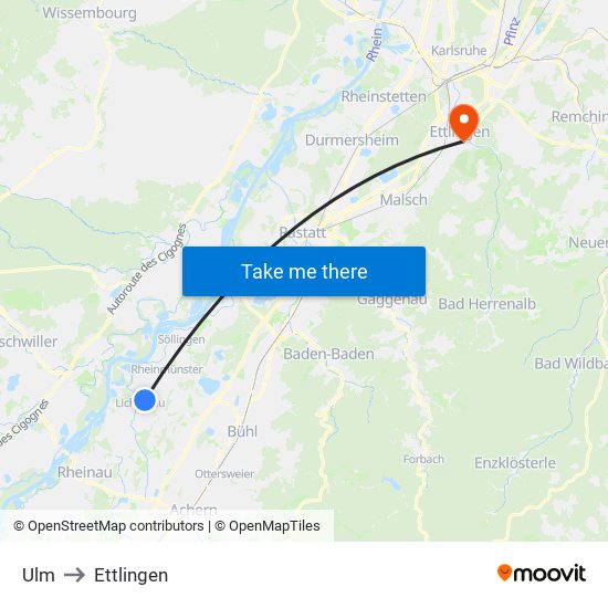 Ulm to Ettlingen map