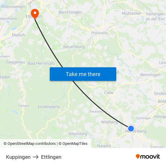 Kuppingen to Ettlingen map