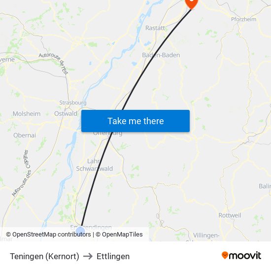 Teningen (Kernort) to Ettlingen map