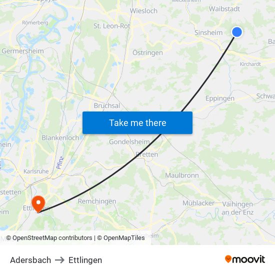 Adersbach to Ettlingen map