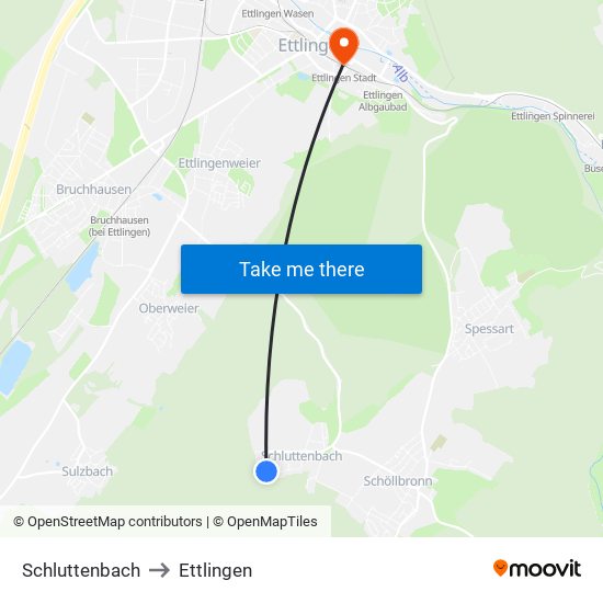 Schluttenbach to Ettlingen map