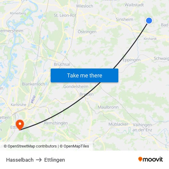 Hasselbach to Ettlingen map