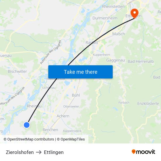 Zierolshofen to Ettlingen map