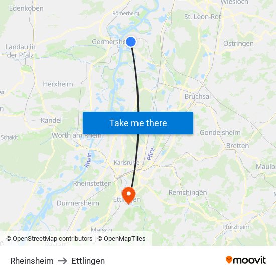 Rheinsheim to Ettlingen map