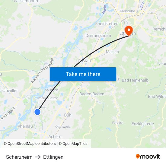 Scherzheim to Ettlingen map