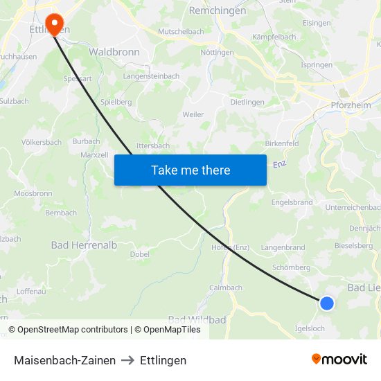 Maisenbach-Zainen to Ettlingen map